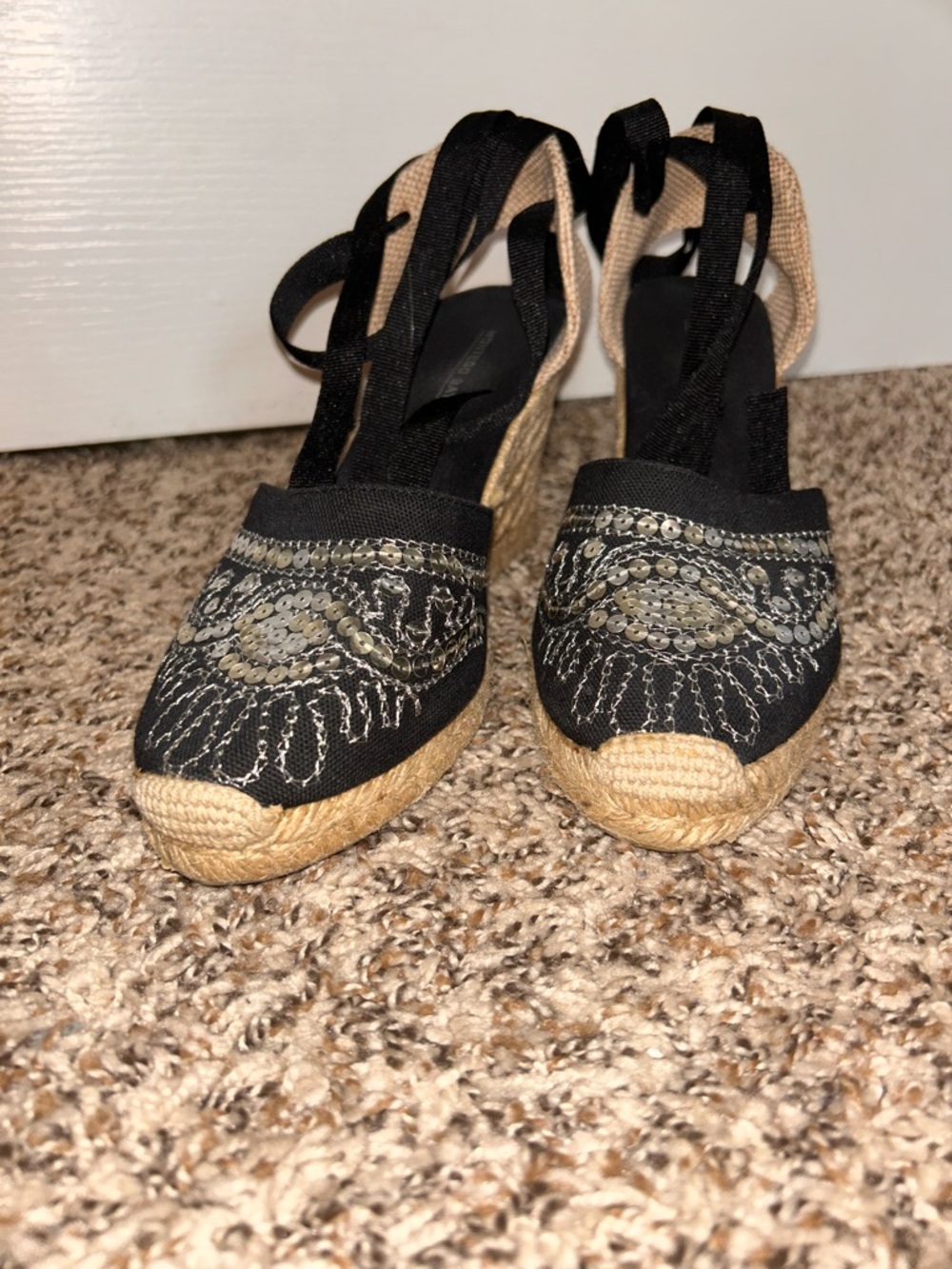 Montego Bay Club Black Sequin Ankle-Tie Wedge Espadrilles - Picture 3 of 10